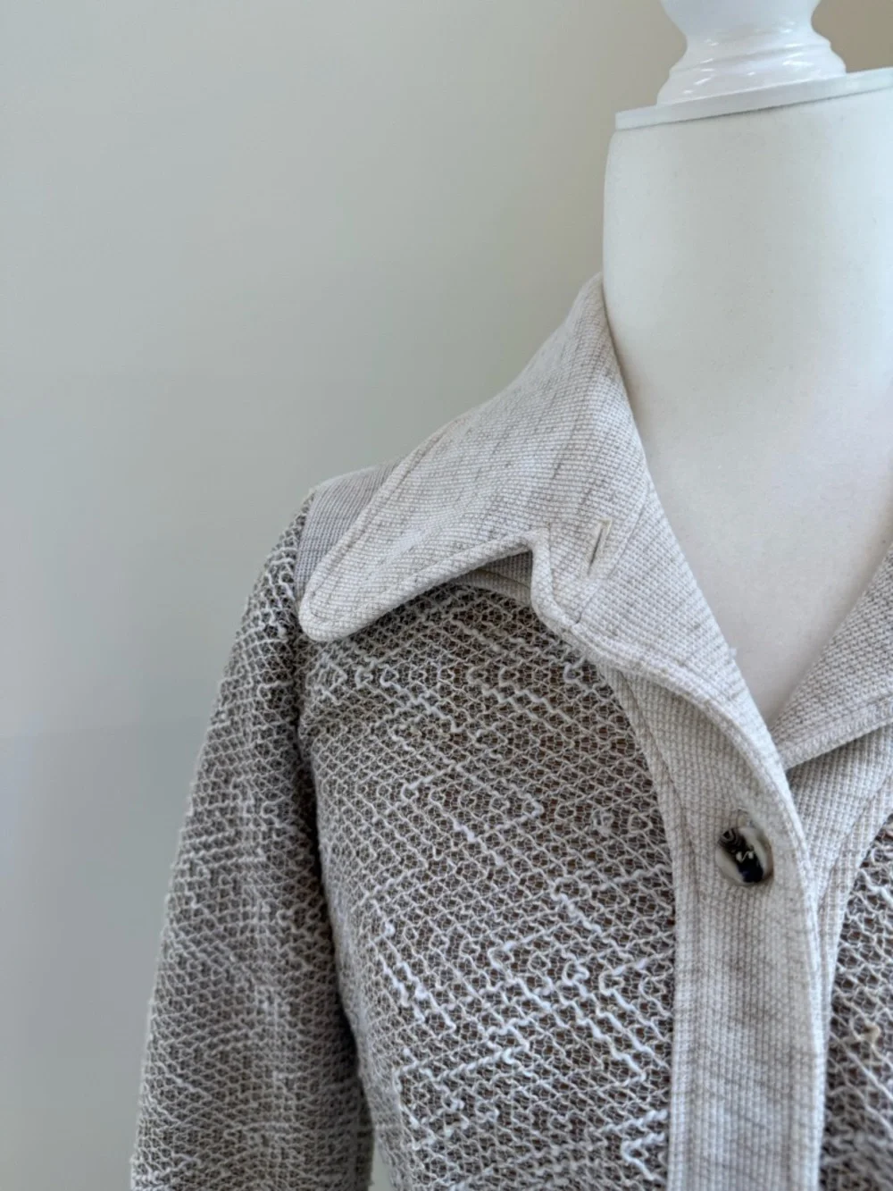 Vintage Long Sleeve Button-Up Knit Coat Dress in Light Taupe and Cream - Picture 3 of 8